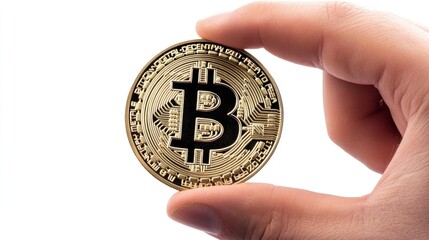 A man holding a physical Bitcoin coin in his hand with a focused expression