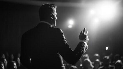 Charismatic man in a suit delivering a speech on a spotlighted stage, captivating an audience in a formal venue. Perfect for motivational talks and professional events.