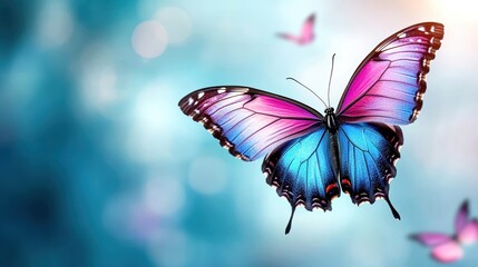 Colorful butterfly with blue and pink wings, against a blurred background.