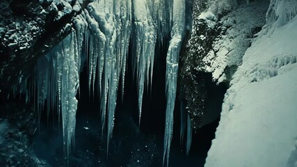 Majestic ice formations hanging from cliffs in a dark, frozen cave during winter's chill - Powered by Adobe