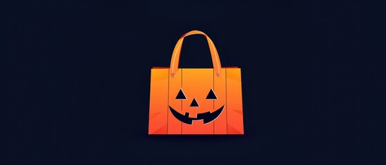 Colorful Halloween shopping bag with pumpkin face on dark background.
