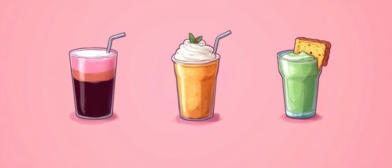 Colorful illustration of three delicious smoothies on a pink background.