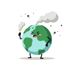 Earth's Exhaustion, A Cartoon Representation of Our Planet Suffering from Pollution, with Smoke Emanating from a Match, highlighting the Impact of Harmful Actions on the Environment,