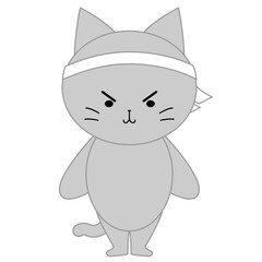 ハチマキをしたかわいい灰色猫のイラスト