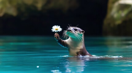 Otter Holding Flower in Water with Natural Daylight
