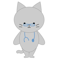 お医者さんごっこをしているかわいい灰色猫のイラスト