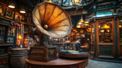 Naklejka premium Antique gramophone in a vintage shop.