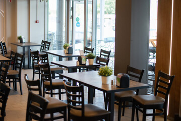 restaurant and caffe shop interior, front view