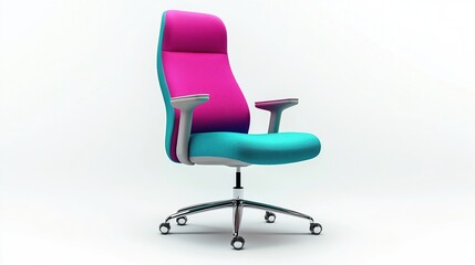 Obraz premium Stylish pink and teal office chair, modern design, comfortable ergonomic seating, isolated on white background, perfect for home or office workspace.