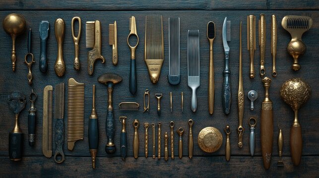 Antique gold and brass hairdressing tools arranged on a dark wooden surface.