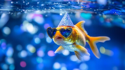 Festive goldfish wearing heart glasses and party hat in vibrant underwater celebration