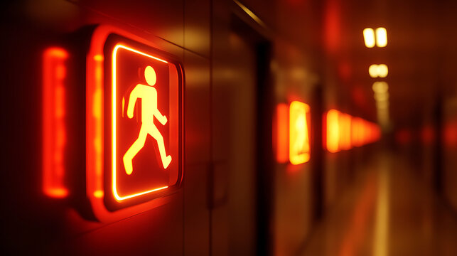  Evacuation route signs glowing in an emergency-lit hallway (3)