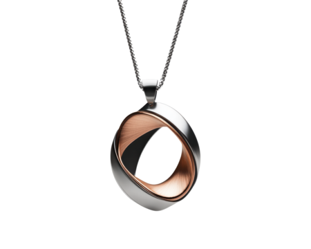 Sleek modern pendant necklace with circular design, white isolate background.