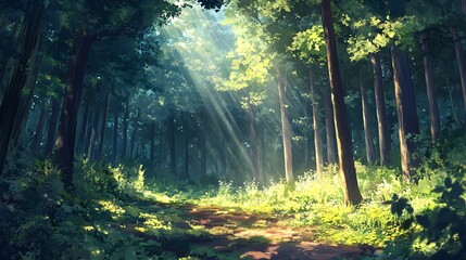 Obraz premium A serene forest with sunlight streaming through the trees, symbolizing harmony with nature and spiritual connection 