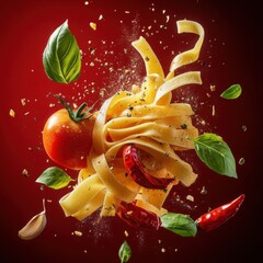 Flying pasta with tomatoes, basil, and spices. Concept of Italian cuisine and food preparation.