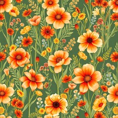 Autumnal Floral Medley: A captivating seamless pattern featuring vibrant orange and yellow flowers on a deep green background. Perfect for textile design, wallpaper, and more.