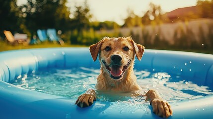 Golden retriever puppy splashing in a blue inflatable pool, basking in sunlight, symbolizing summer fun and joyful pet recreation. Perfect for outdoor leisure and pet care themes.