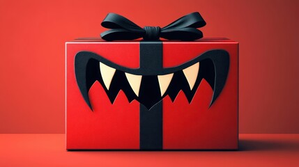Halloween-themed gift box with monster design, isolated on red background.