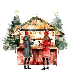 Watercolor Painting of Two Women at a Christmas Market Stall Browsing Treats.