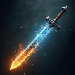 A Stunningly Crafted Sword with Fire and Ice Effects Captivating the Viewer’s Imagination