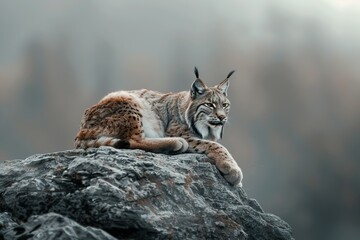 Obraz premium Lynx sitting on a fallen log, realistic forest details, light gray background 