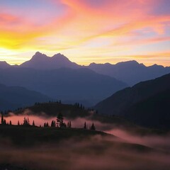 Fototapeta premium A serene mountain landscape at sunrise