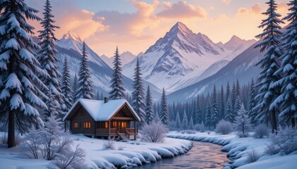 Fototapeta premium A wooden cabin with glowing windows nestled in a snowy forest near a creek, surrounded by majestic snow-covered mountains at sunset.