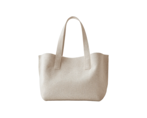 Stylish beige tote bag, minimalist design, on white isolate background.