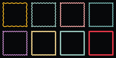 Set of frames with squiggly of wavy edges. Stamps with rectangle and circle shapes. Wavy frames set, colorful modern zigzag borders. Outline vector illustration. 