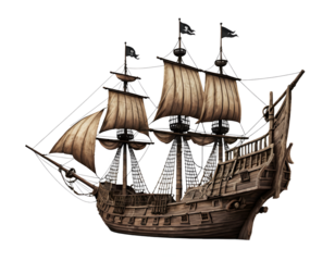 Vintage Pirate Ship with Black Flag, Perfect for Historical or Fantasy Design