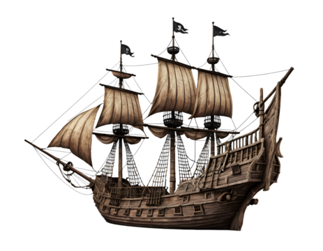 Vintage Pirate Ship with Black Flag, Perfect for Historical or Fantasy Design