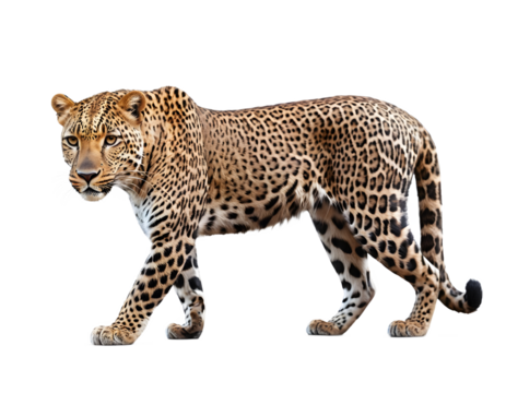 Full shot of a leopard walking, isolated on transparent background.