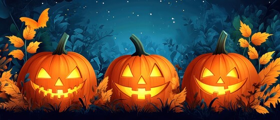 Three glowing jack-o'-lanterns with autumn leaves and bats on a dark background.