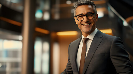 Fototapeta premium Confident Executive: A successful, mature businessman exudes confidence and leadership in a contemporary office setting. He is dressed in a sharp suit and tie.