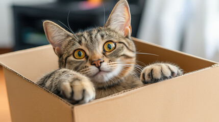 A curious tabby cat with bright yellow eyes peeking out of a cardboard box, showcasing its playful and inquisitive nature