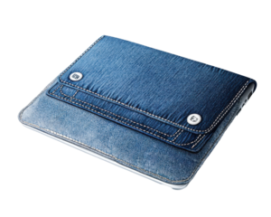 Stylish denim laptop sleeve, modern design, white isolate background.