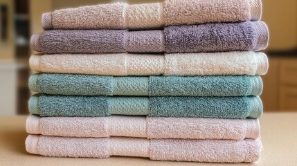 A neatly stacked arrangement of colorful towels for home use.
