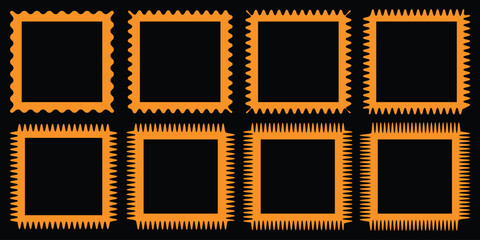 Color squiggle frames set. Zigzag wavy edges, retro scallop frames, psychedelic rectangles, photo frames, text boxes, tags, labels. Vector groovy shapes set. Vector illustration on black background.