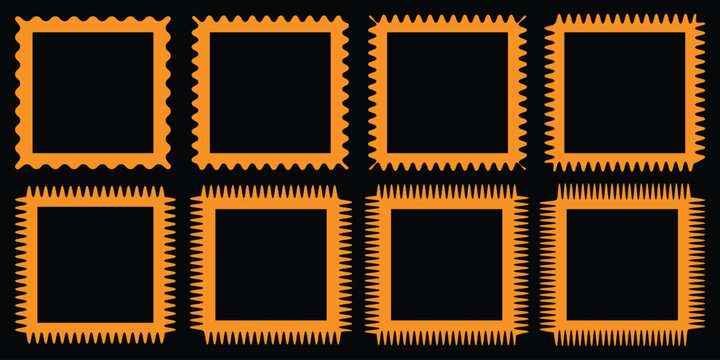 Color squiggle frames set. Zigzag wavy edges, retro scallop frames, psychedelic rectangles, photo frames, text boxes, tags, labels. Vector groovy shapes set. Vector illustration on black background.