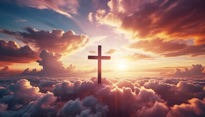 Fototapeta premium Jesus christian cross, royal sunset sky, pink clouds, heavenly atmosphere background, Jesus Christ, Christianity Bible Gospel Easter resurrection concept. Generative AI 
