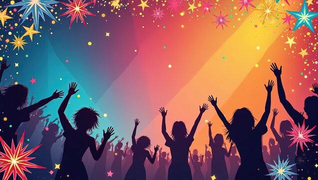 Escena vibrante de fiesta con una multitud de personas bailando con las manos levantadas, rodeados de decoraciones en forma de estrellas y confeti de colores, en un fondo degradado de tonos azul, rosa