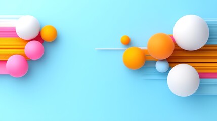Colorful abstract design with spheres and lines on a blue background.