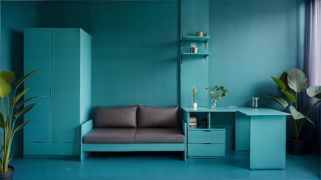 modern, japandi interior design of modern living room. home design with WGSN and Coloro 2026 Colour of the Year Transformative Teal 