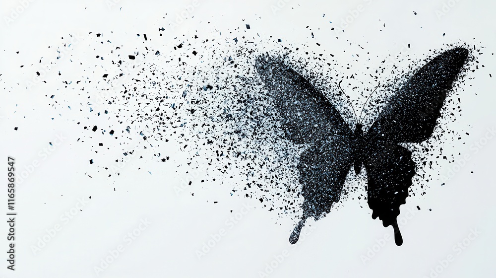 Aufkleber a stylized black butterfly silhouette disperses into particles, creating a striking visual effect of