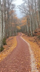 Obraz premium Golden Autumn Forest: A dense forest filled with trees whose leaves are bright shades of orange, yellow, and red, carpeting the ground