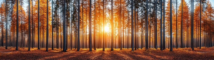 Fototapeta premium Golden Autumn Forest: A dense forest filled with trees whose leaves are bright shades of orange, yellow, and red, carpeting the ground
