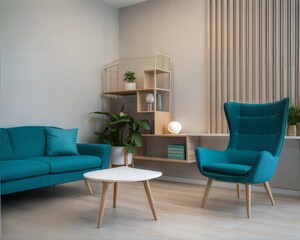 luxury japandi home interior design of modern living room area with sofa in WGSN and Coloro color of the year 2025 Transformative Teal