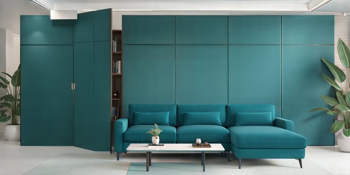 luxury japandi home interior design of modern living room area with sofa in WGSN and Coloro color of the year 2025 Transformative Teal