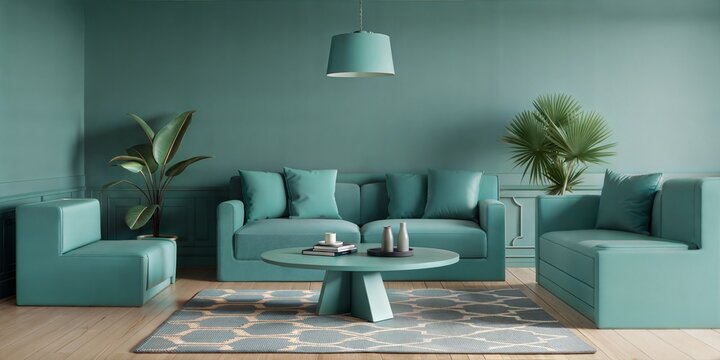 Modern japandi home interior design of living room with sofa apartment in WGSN and Coloro color of the year 2025 Transformative Teal