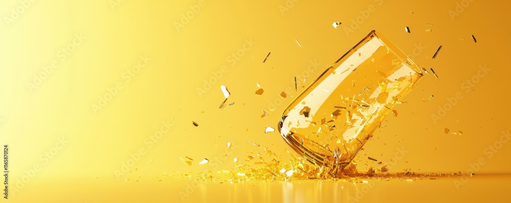 Poster a glass spills liquid against a vibrant yellow backdrop, creating a splash effect that captures a mo